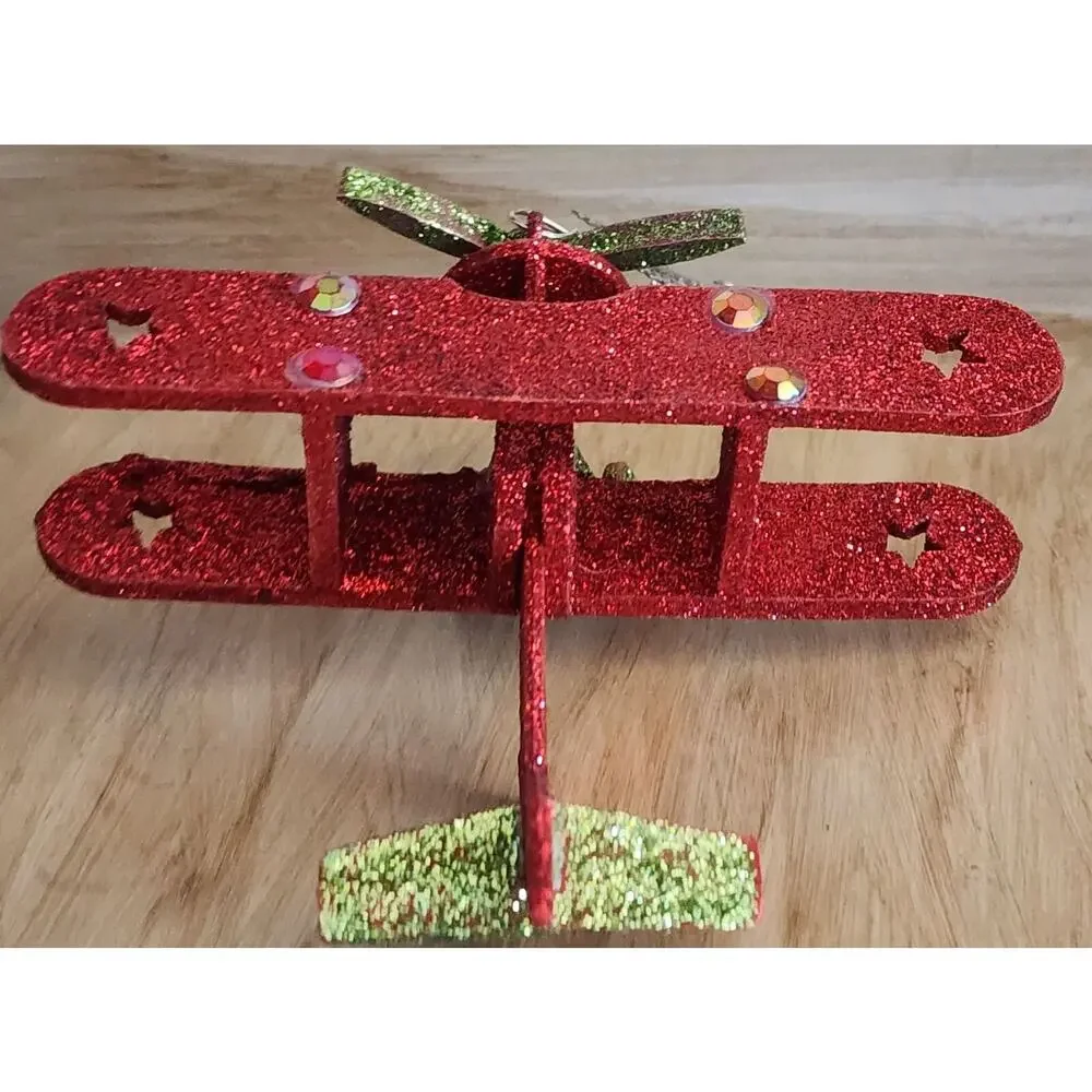 Christmas Tree Ornament Wooden Glitter Plane See Pictures